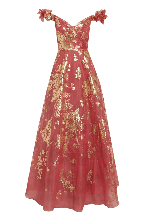 Off Shoulder Floral - Appliquéd Printed Organza Gown - ALBOUSHIYA - district 5 - dubai - riyadh - abaya - dresses - designers - evening wear - luxury - elegance - craftsmanship - gowns - cocktail dresses - collections - georges