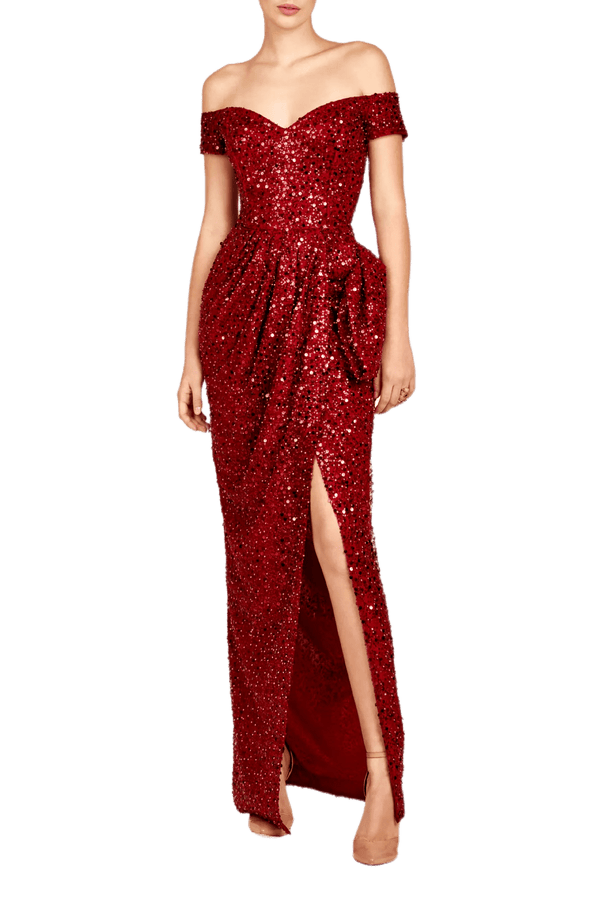 Off Shoulder Sequin Gown - ALBOUSHIYA - district 5 - dubai - riyadh - abaya - dresses - designers - evening wear - luxury - elegance - craftsmanship - gowns - cocktail dresses - collections - georges