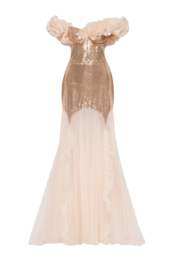 Off Shoulder Sequin Gown - ALBOUSHIYA - district 5 - dubai - riyadh - abaya - dresses - designers - evening wear - luxury - elegance - craftsmanship - gowns - cocktail dresses - collections - georges
