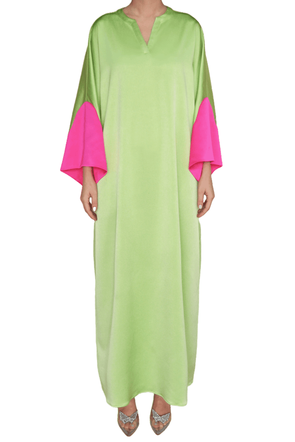 Pistachio Crepe Caftan with Fuchsia Satin Sleeves - ALBOUSHIYA - district 5 - dubai - riyadh - abaya - dresses - designers - evening wear - luxury - elegance - craftsmanship - gowns - cocktail dresses - collections - georges