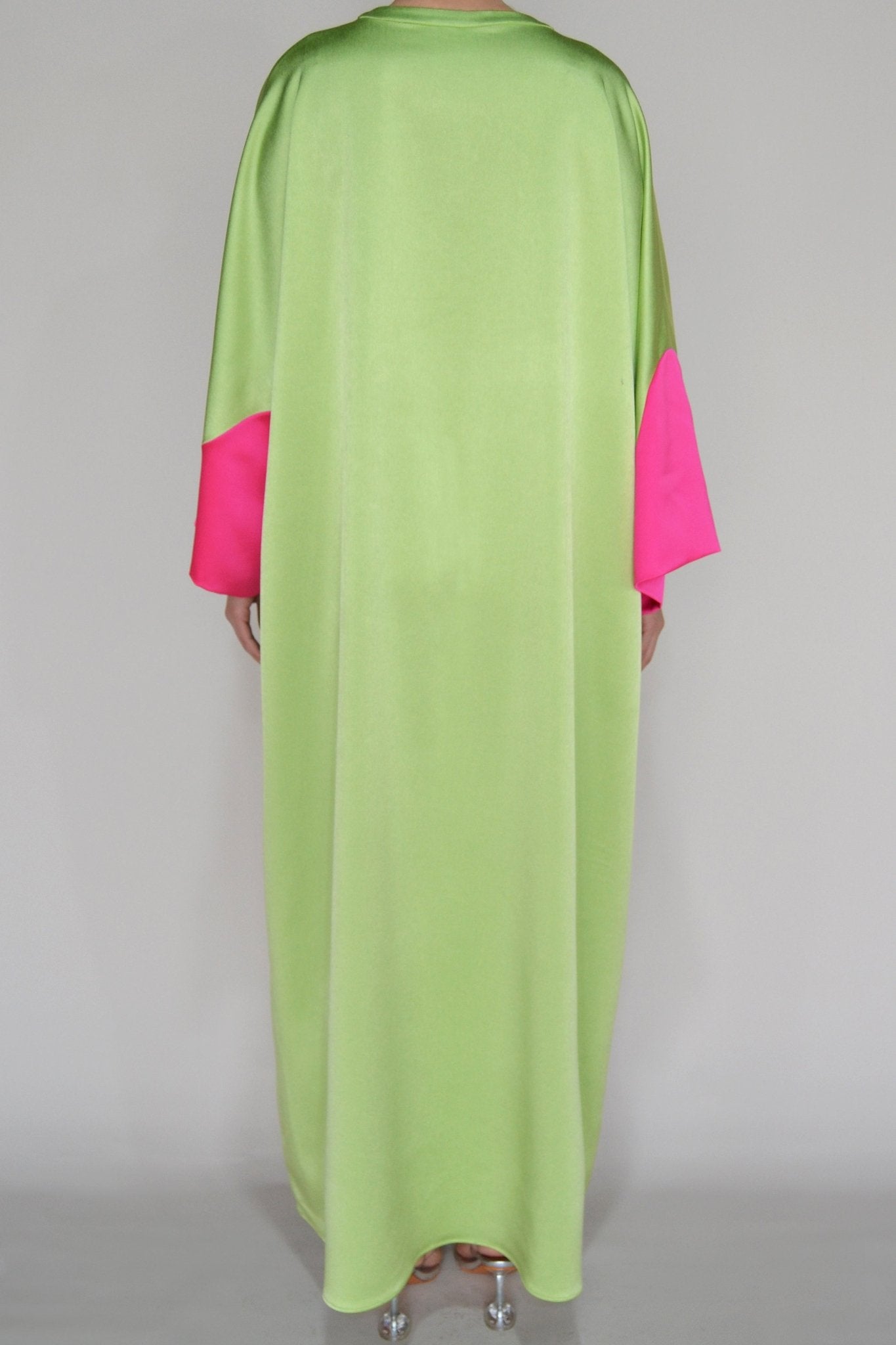 Pistachio Crepe Caftan with Fuchsia Satin Sleeves - ALBOUSHIYA - district 5 - dubai - riyadh - abaya - dresses - designers - evening wear - luxury - elegance - craftsmanship - gowns - cocktail dresses - collections - georges