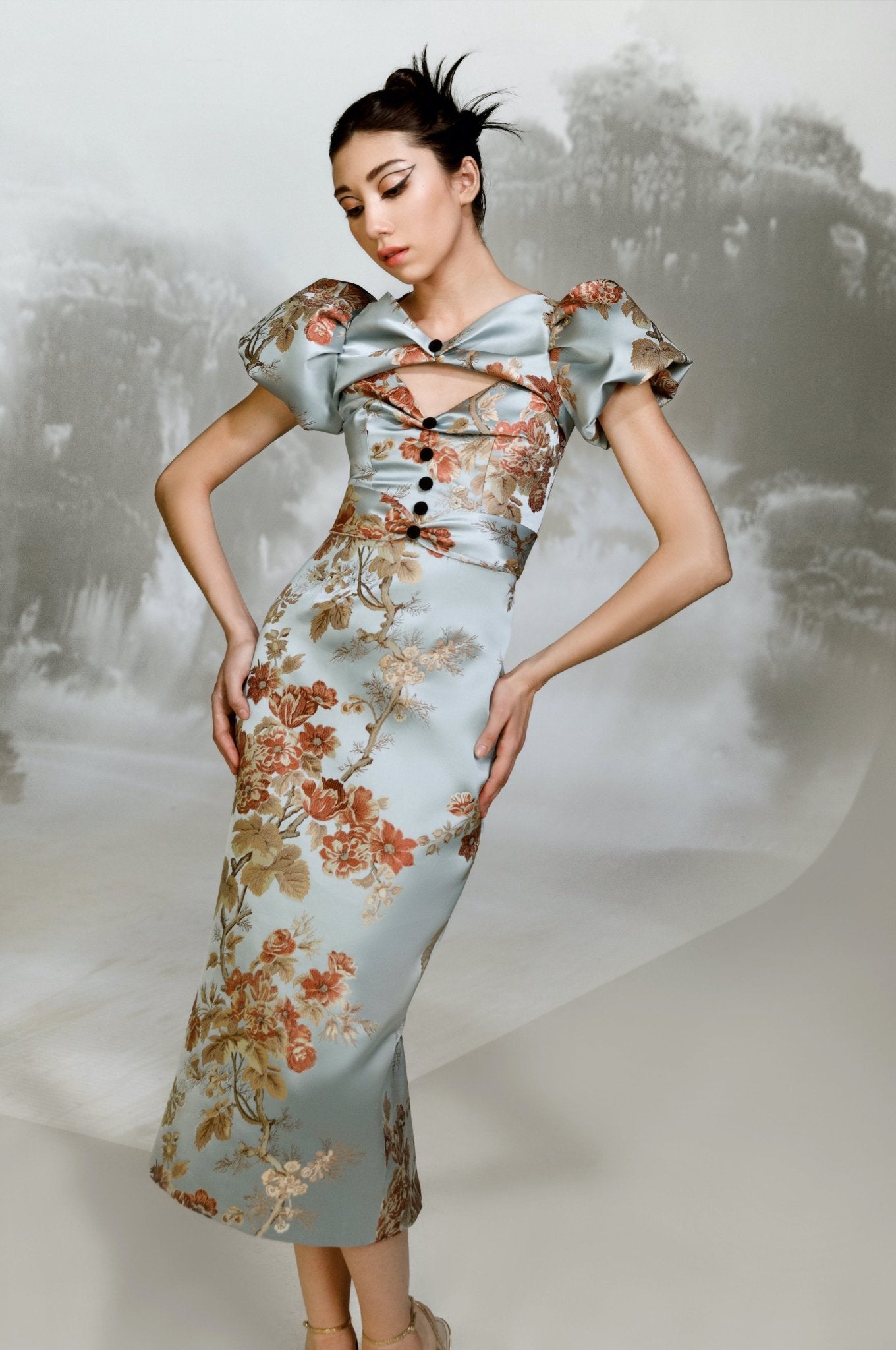 Puff Sleeve Floral Jacquard Midi - ALBOUSHIYA - district 5 - dubai - riyadh - abaya - dresses - designers - evening wear - luxury - elegance - craftsmanship - gowns - cocktail dresses - collections - georges