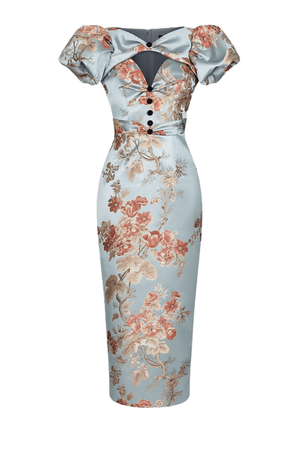 Puff Sleeve Floral Jacquard Midi - ALBOUSHIYA - district 5 - dubai - riyadh - abaya - dresses - designers - evening wear - luxury - elegance - craftsmanship - gowns - cocktail dresses - collections - georges