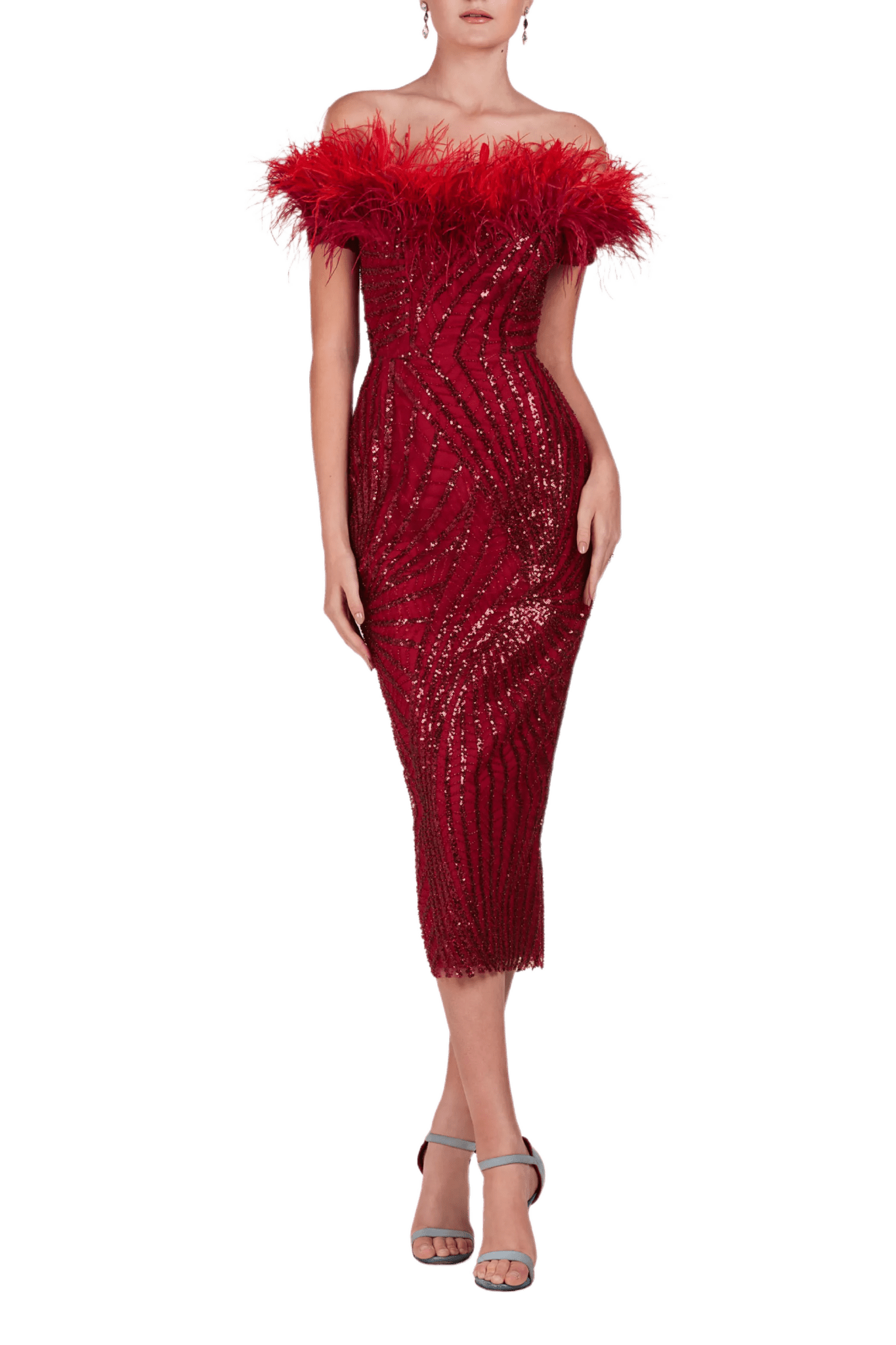Sequin Tea Length Feathered Dress - ALBOUSHIYA - district 5 - dubai - riyadh - abaya - dresses - designers - evening wear - luxury - elegance - craftsmanship - gowns - cocktail dresses - collections - georges