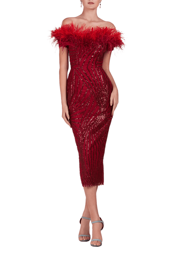 Sequin Tea Length Feathered Dress - ALBOUSHIYA - district 5 - dubai - riyadh - abaya - dresses - designers - evening wear - luxury - elegance - craftsmanship - gowns - cocktail dresses - collections - georges