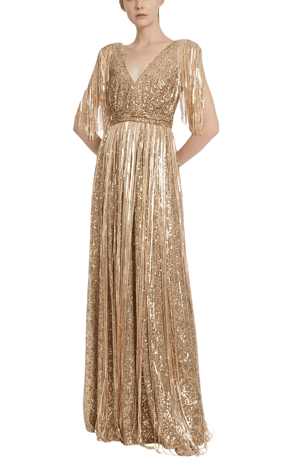 Sequined Evening Gown with Fringes - ALBOUSHIYA - district 5 - dubai - riyadh - abaya - dresses - designers - evening wear - luxury - elegance - craftsmanship - gowns - cocktail dresses - collections - georges