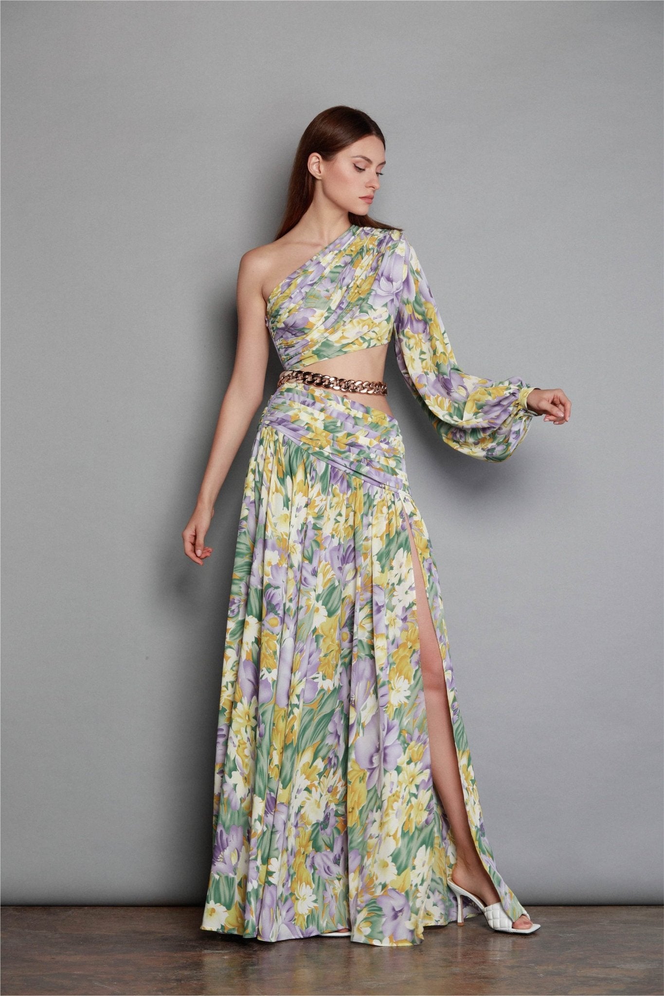 Sienna One Sleeve Gown - ALBOUSHIYA - district 5 - dubai - riyadh - abaya - dresses - designers - evening wear - luxury - elegance - craftsmanship - gowns - cocktail dresses - collections - georges