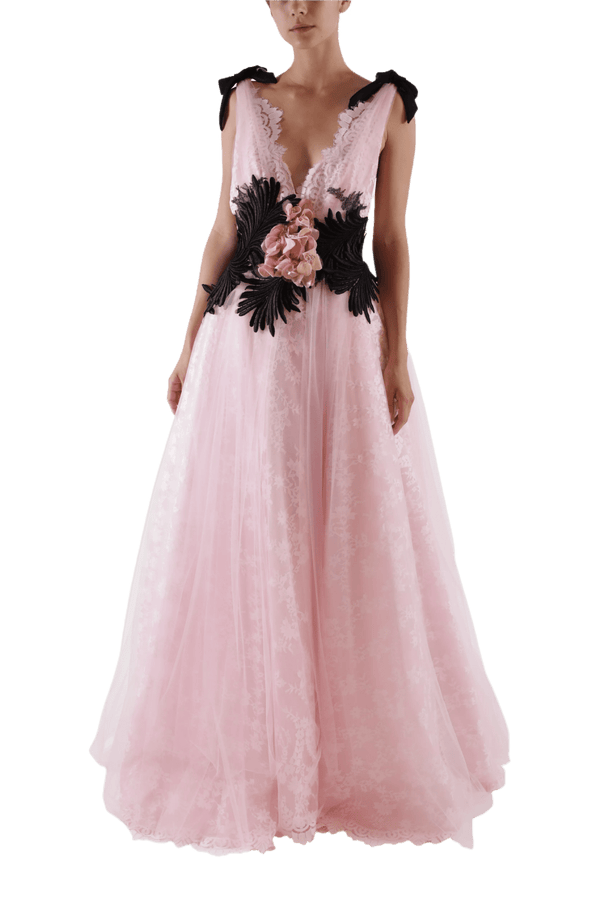 V - Neck Lace & Tulle Ball Gown - ALBOUSHIYA - district 5 - dubai - riyadh - abaya - dresses - designers - evening wear - luxury - elegance - craftsmanship - gowns - cocktail dresses - collections - georges